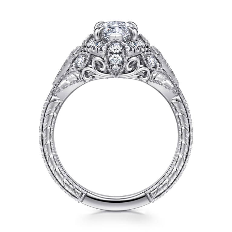 Annadale - Unique 14K White Gold Vintage Inspired Marquise Shape Diamond Halo Engagement Ring - 0.4 ct - Shot 2