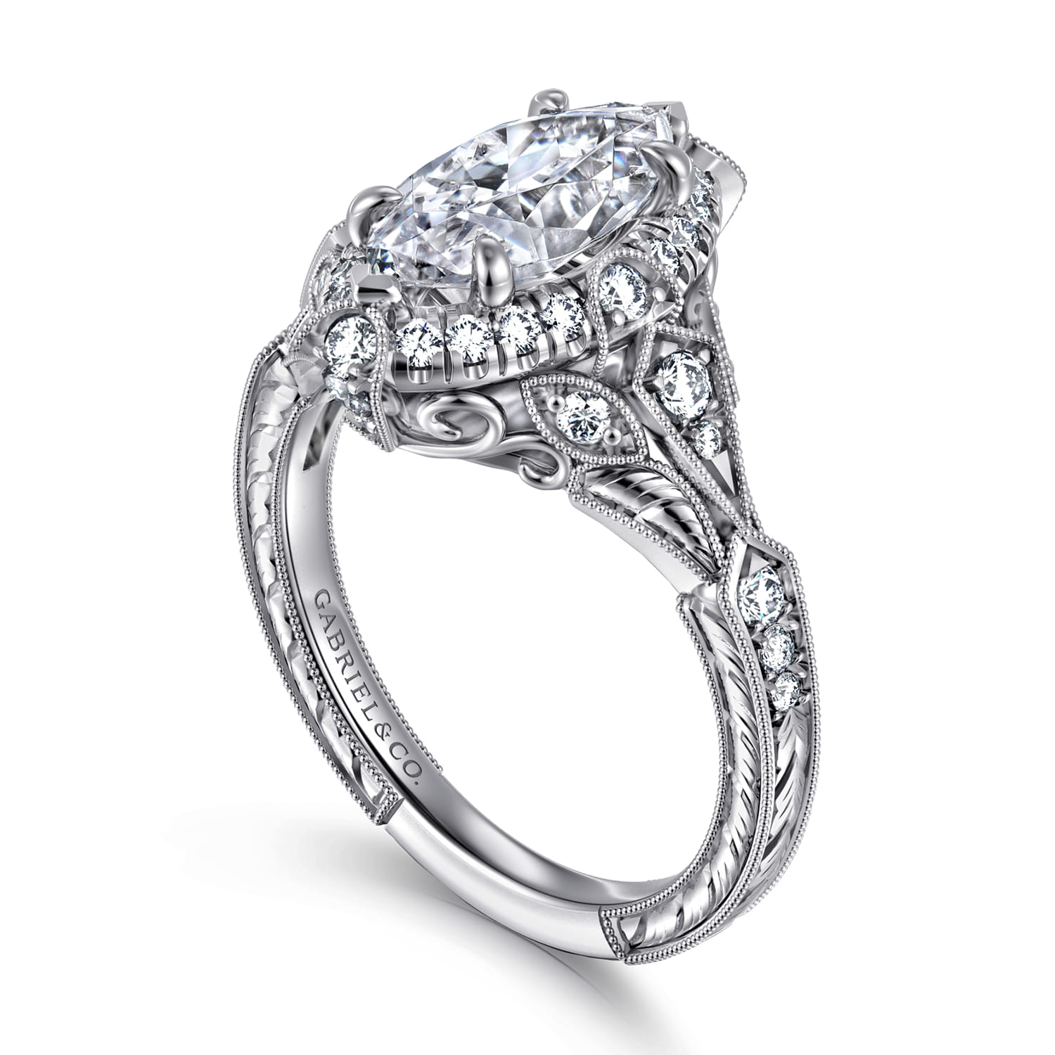 Annadale - Unique 14K White Gold Vintage Inspired Marquise Shape Diamond Halo Engagement Ring - 0.4 ct - Shot 3
