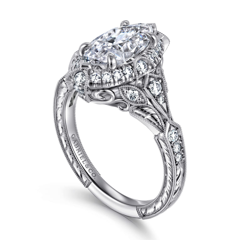 Annadale - Unique 14K White Gold Vintage Inspired Marquise Shape Diamond Halo Engagement Ring - 0.4 ct - Shot 3