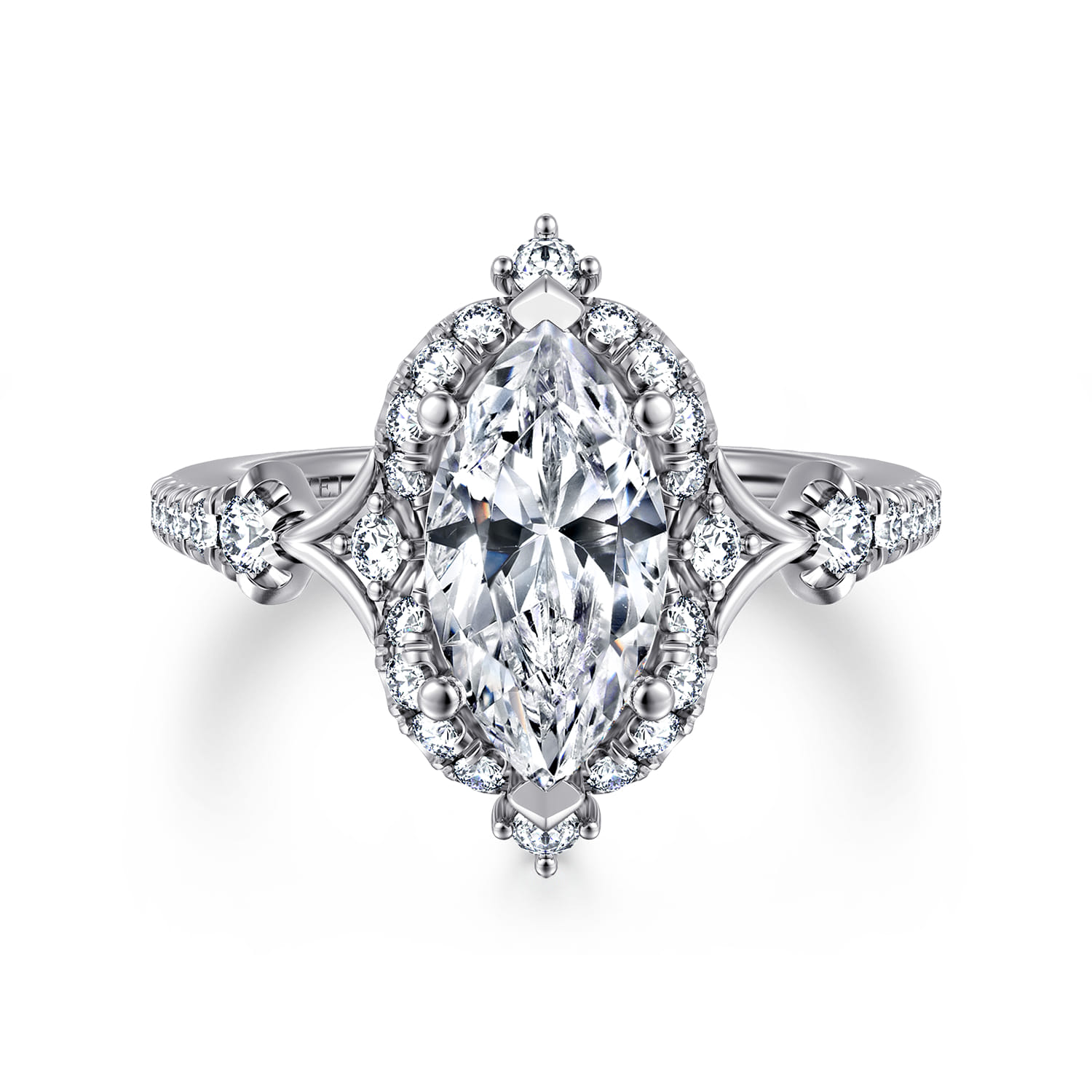 Veronique - Unique 14K White Gold Vintage Inspired Marquise Shape Halo Diamond Engagement Ring - 0.4 ct - Shot 1