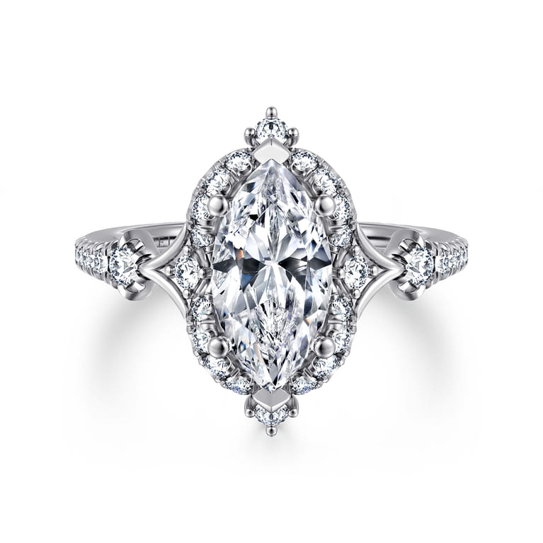 Veronique - Unique 14K White Gold Vintage Inspired Marquise Shape Halo Diamond Engagement Ring - 0.4 ct - Shot 1