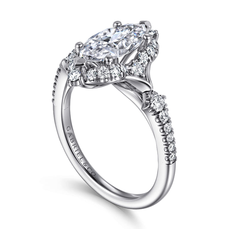 Veronique - Unique 14K White Gold Vintage Inspired Marquise Shape Halo Diamond Engagement Ring - 0.4 ct - Shot 3