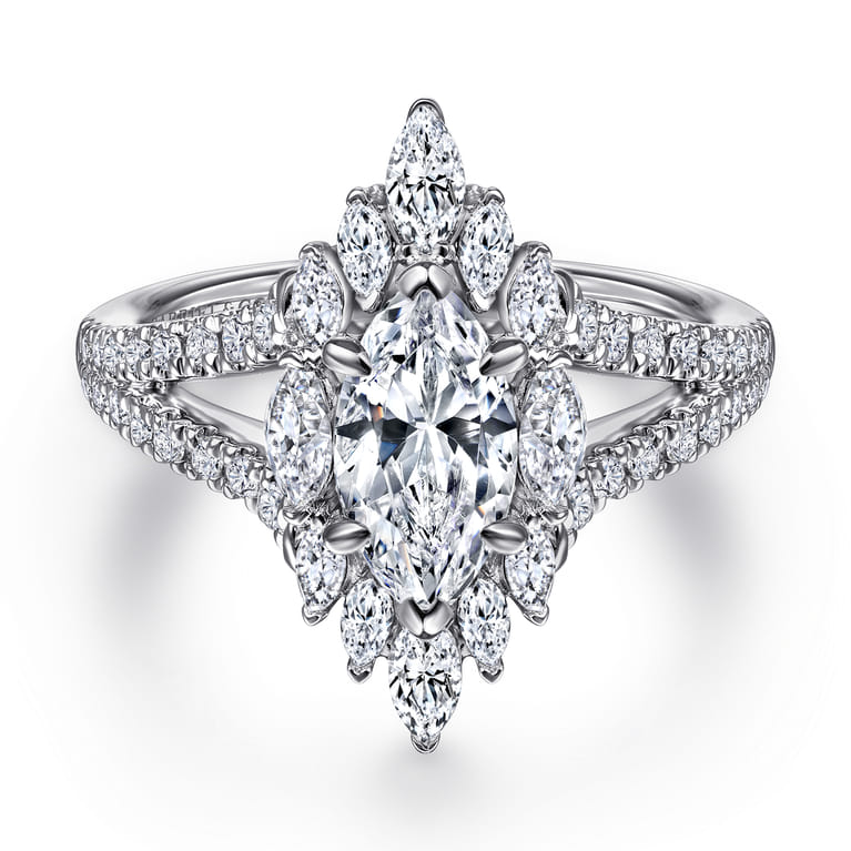 Ulla - 14K White Gold Marquise Shape Halo Diamond Engagement Ring - 0.9 ct - Shot 1