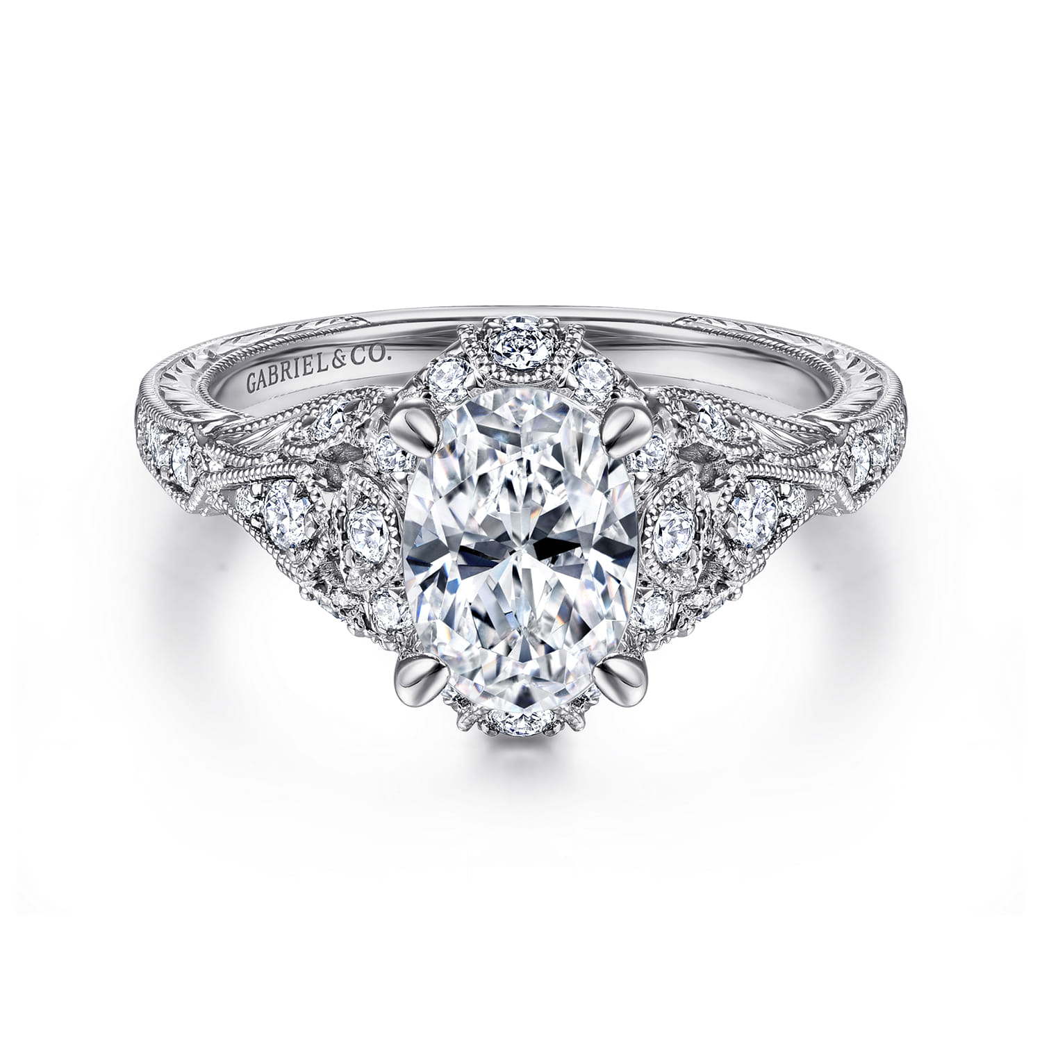 Annadale - Unique 14K White Gold Vintage Inspired Oval Halo Diamond Engagement Ring - 0.4 ct - Shot 1
