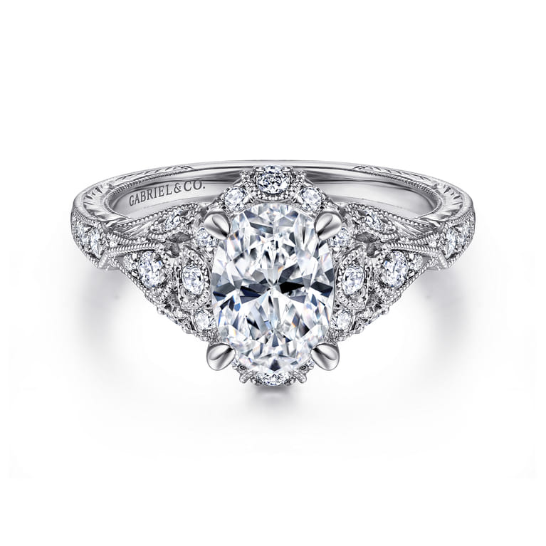 Annadale - Unique 14K White Gold Vintage Inspired Oval Halo Diamond Engagement Ring - 0.4 ct - Shot 1