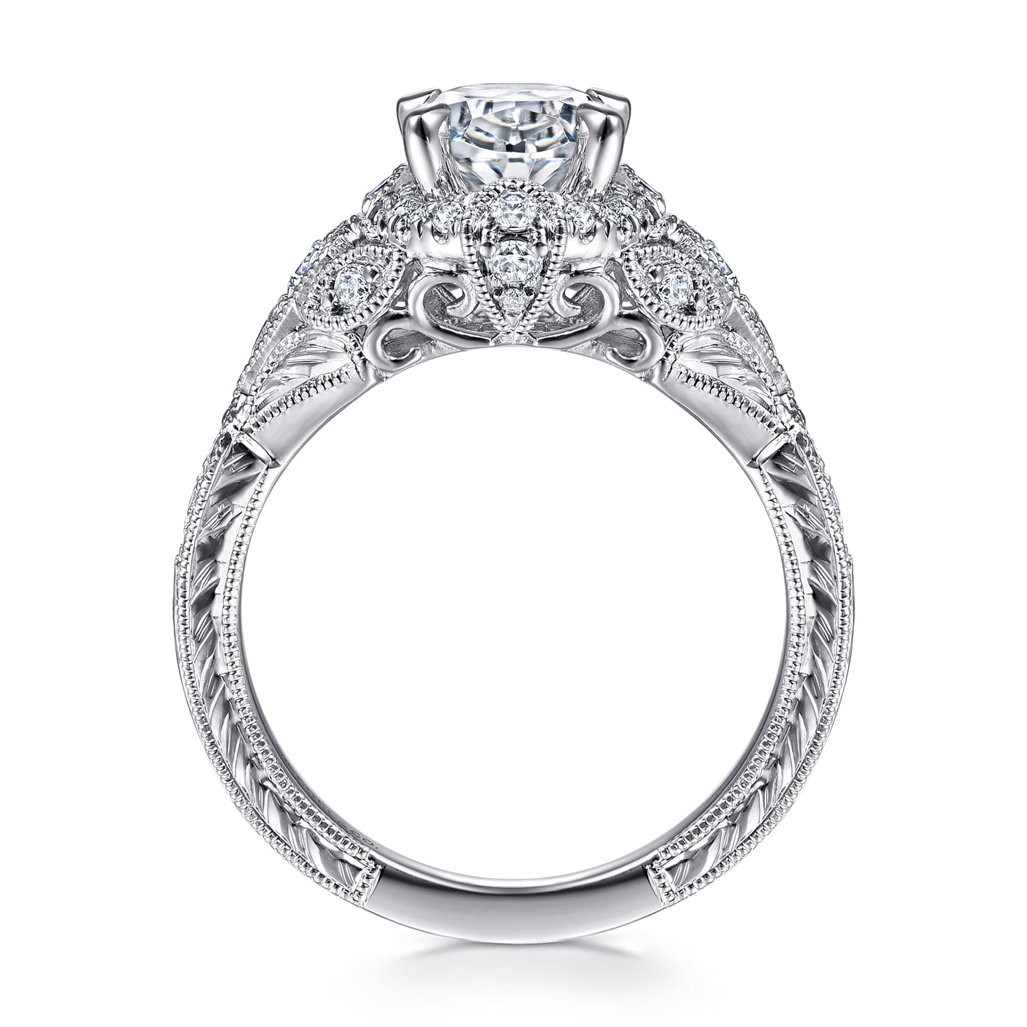 Annadale - Unique 14K White Gold Vintage Inspired Oval Halo Diamond Engagement Ring - 0.4 ct - Shot 2