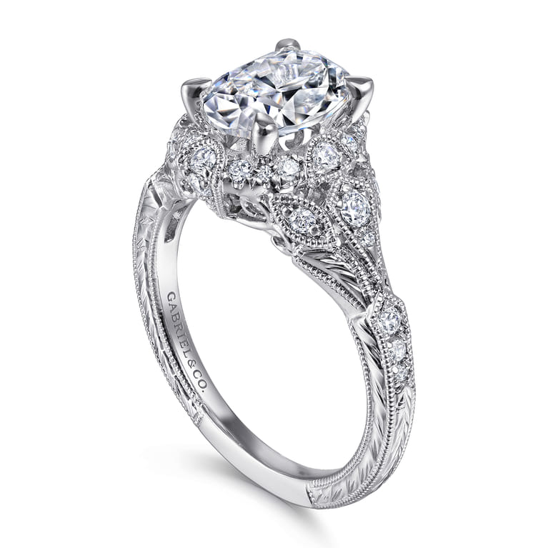 Annadale - Unique 14K White Gold Vintage Inspired Oval Halo Diamond Engagement Ring - 0.4 ct - Shot 3