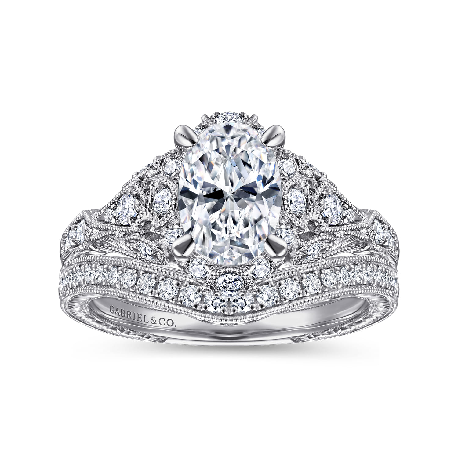 Annadale - Unique 14K White Gold Vintage Inspired Oval Halo Diamond Engagement Ring - 0.4 ct - Shot 4