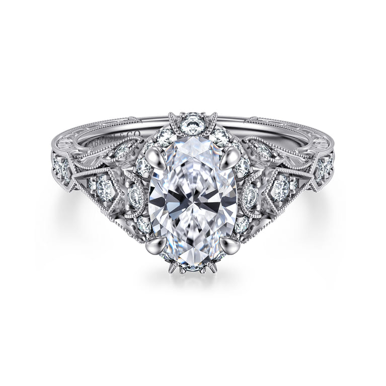 Annadale - Unique 14K White Gold Vintage Inspired Oval Halo Diamond Engagement Ring - 0.4 ct - Shot 1