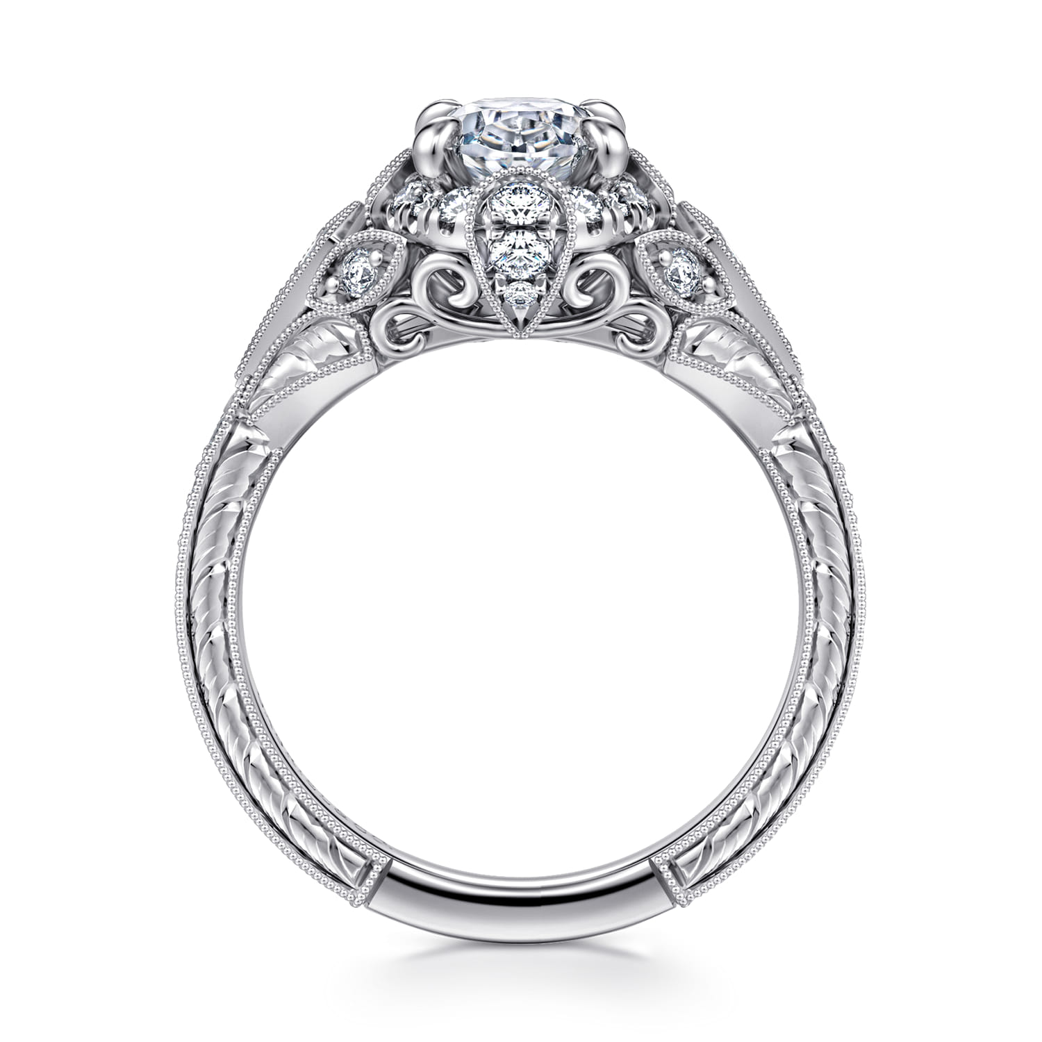 Annadale - Unique 14K White Gold Vintage Inspired Oval Halo Diamond Engagement Ring - 0.4 ct - Shot 2