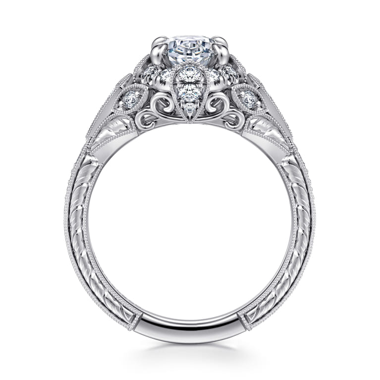 Annadale - Unique 14K White Gold Vintage Inspired Oval Halo Diamond Engagement Ring - 0.4 ct - Shot 2