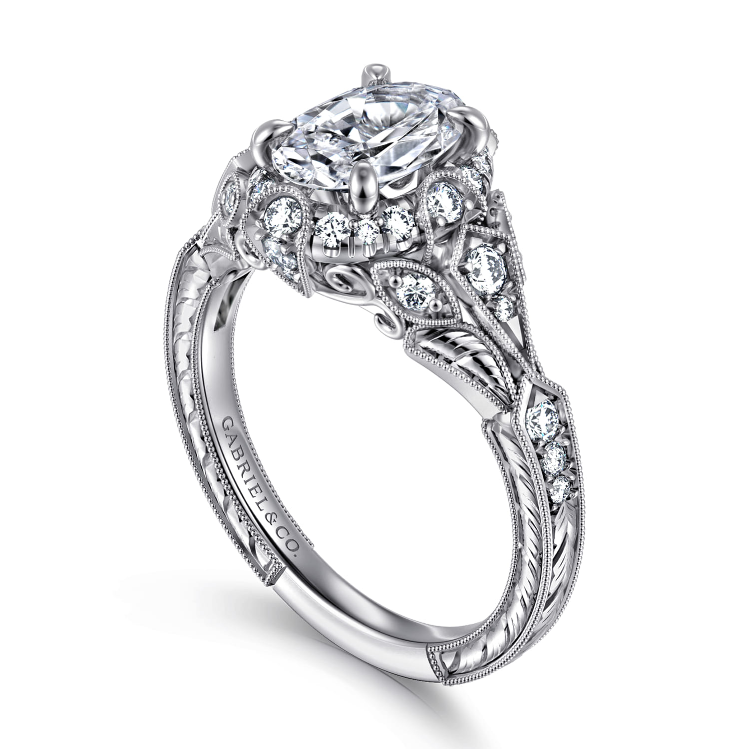 Annadale - Unique 14K White Gold Vintage Inspired Oval Halo Diamond Engagement Ring - 0.4 ct - Shot 3