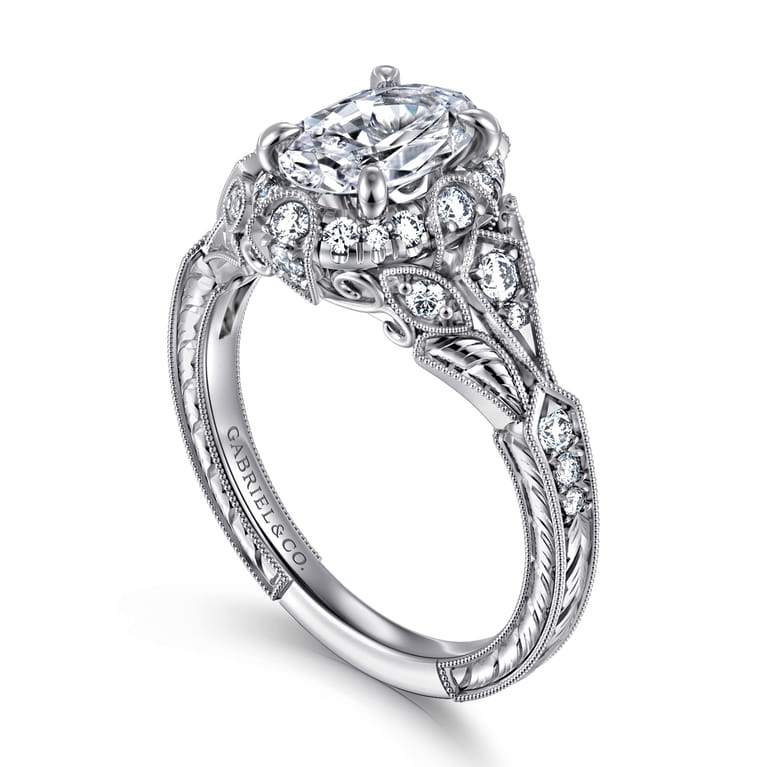 Annadale - Unique 14K White Gold Vintage Inspired Oval Halo Diamond Engagement Ring - 0.4 ct - Shot 3