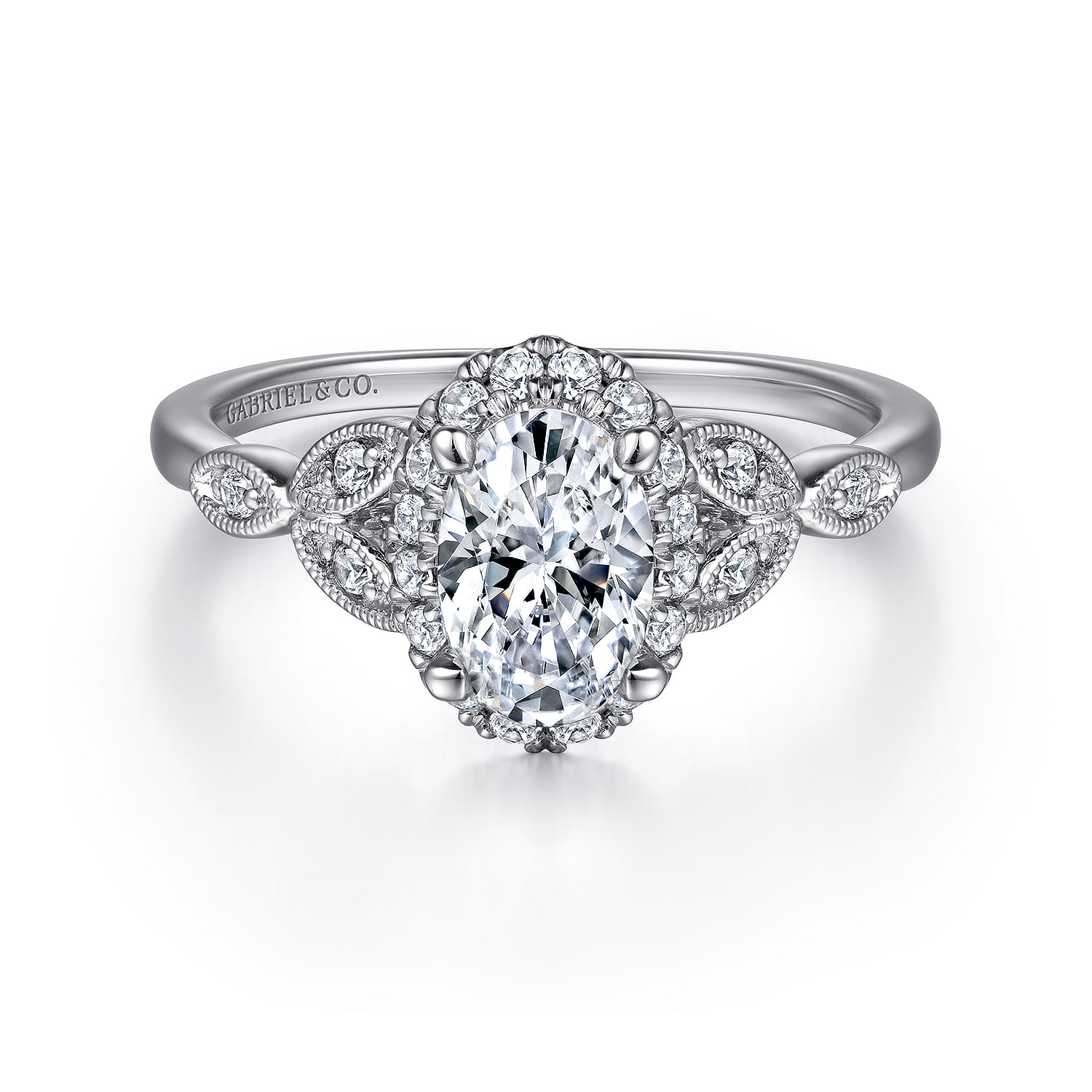 Katriane - Vintage Inspired 14K White Gold Oval Halo Diamond Engagement Ring - 0.2 ct - Shot 1