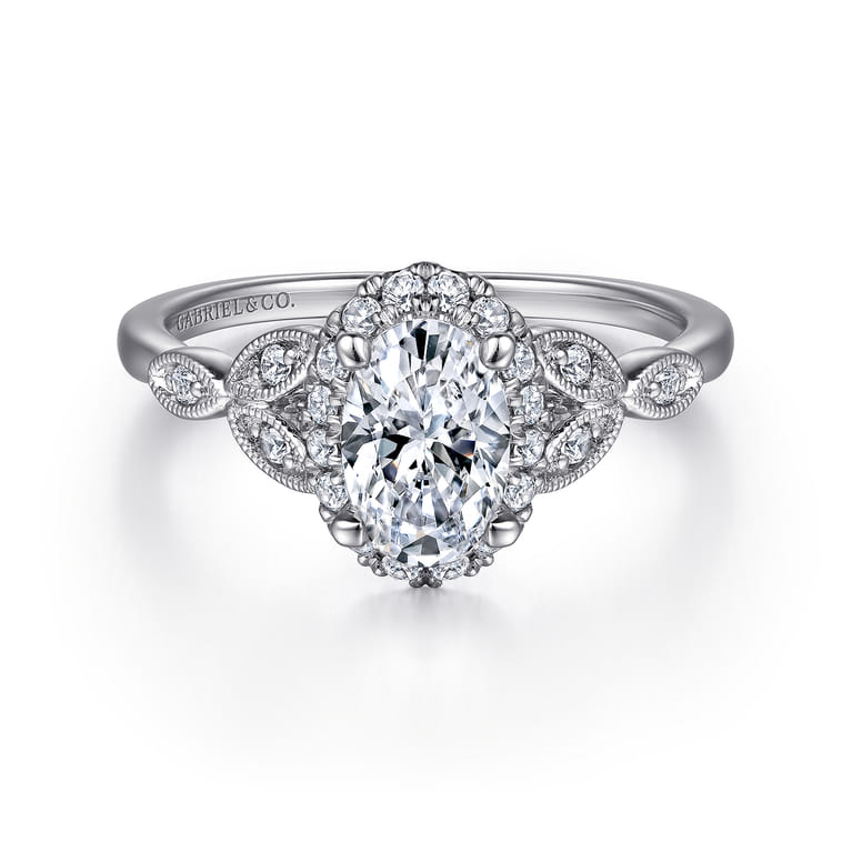 Katriane - Vintage Inspired 14K White Gold Oval Halo Diamond Engagement Ring - 0.2 ct - Shot 1