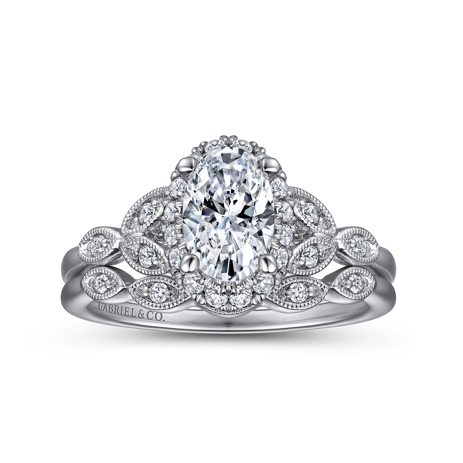 Katriane - Vintage Inspired 14K White Gold Oval Halo Diamond Engagement Ring - 0.2 ct - Shot 4