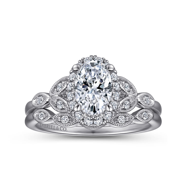 Katriane - Vintage Inspired 14K White Gold Oval Halo Diamond Engagement Ring - 0.2 ct - Shot 4