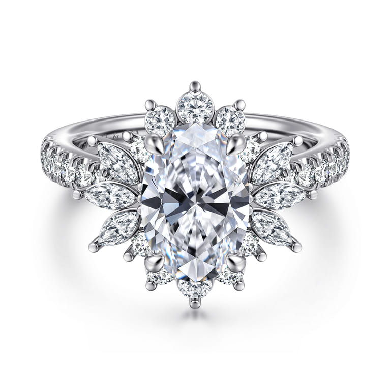 Bailee - 14K White Gold Bursting Halo Oval Diamond Engagement Ring - 0.8 ct - Shot 1
