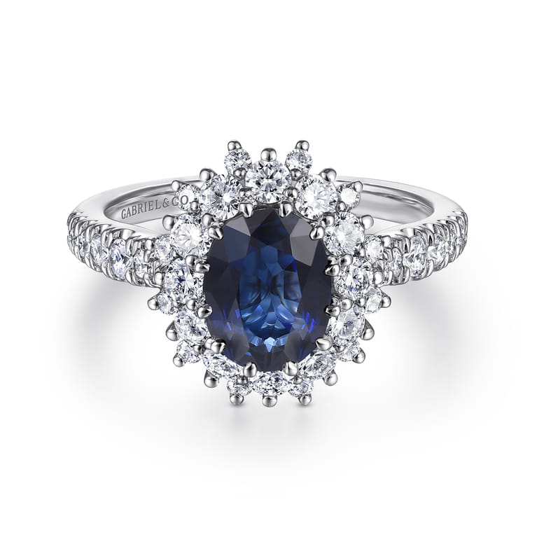Imani - 14K White Gold Oval Halo Sapphire and Diamond Engagement Ring - 0.83 ct - Shot 1