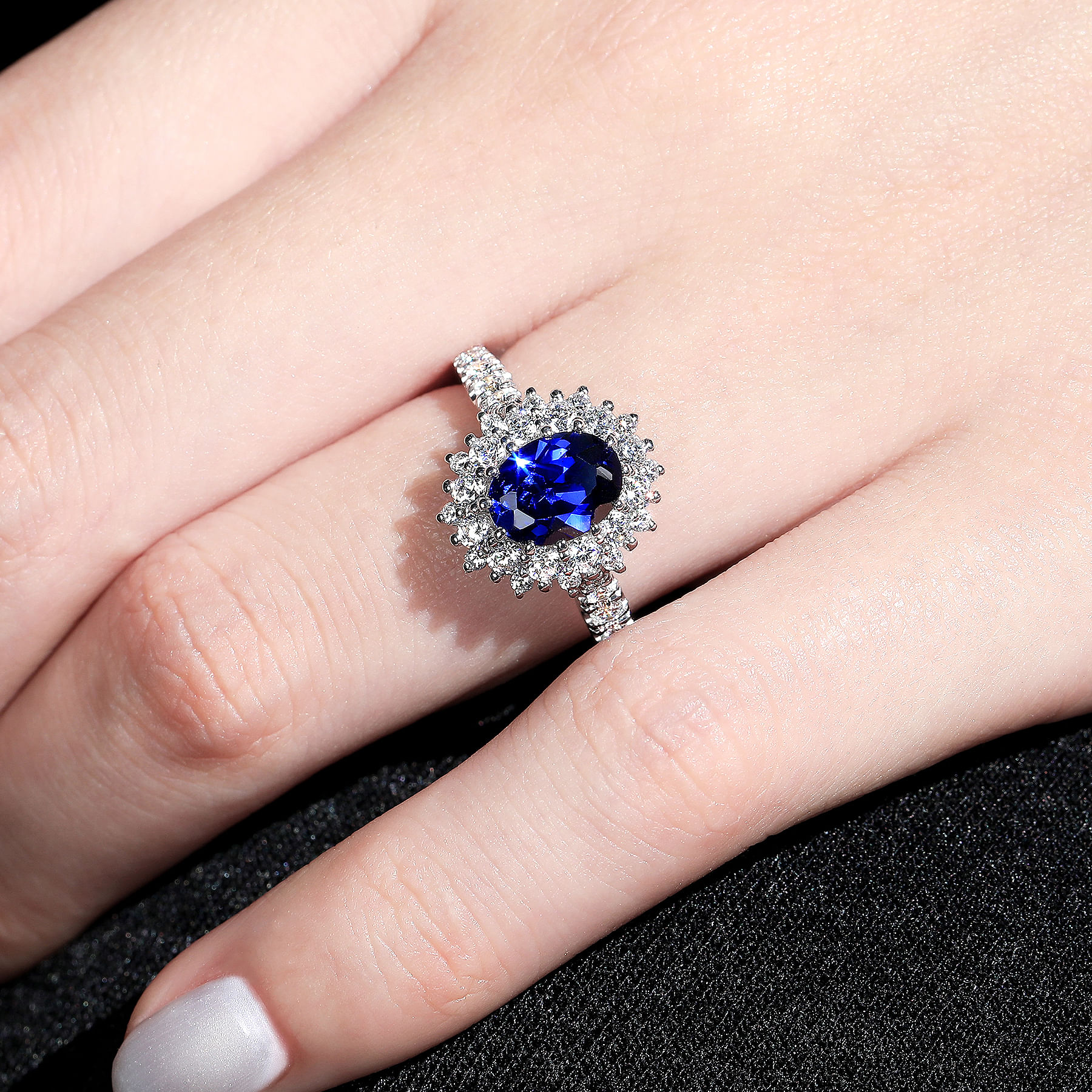 14K White Gold Oval Halo Sapphire and Diamond Engagement