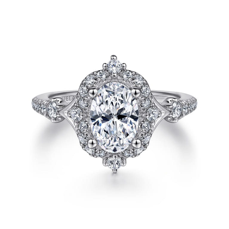Veronique - Unique 14K White Gold Vintage Inspired Oval Halo Diamond Engagement Ring - 0.4 ct - Shot 1