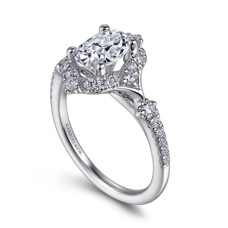 Veronique - Unique 14K White Gold Vintage Inspired Oval Halo Diamond Engagement Ring - 0.4 ct - Shot 3