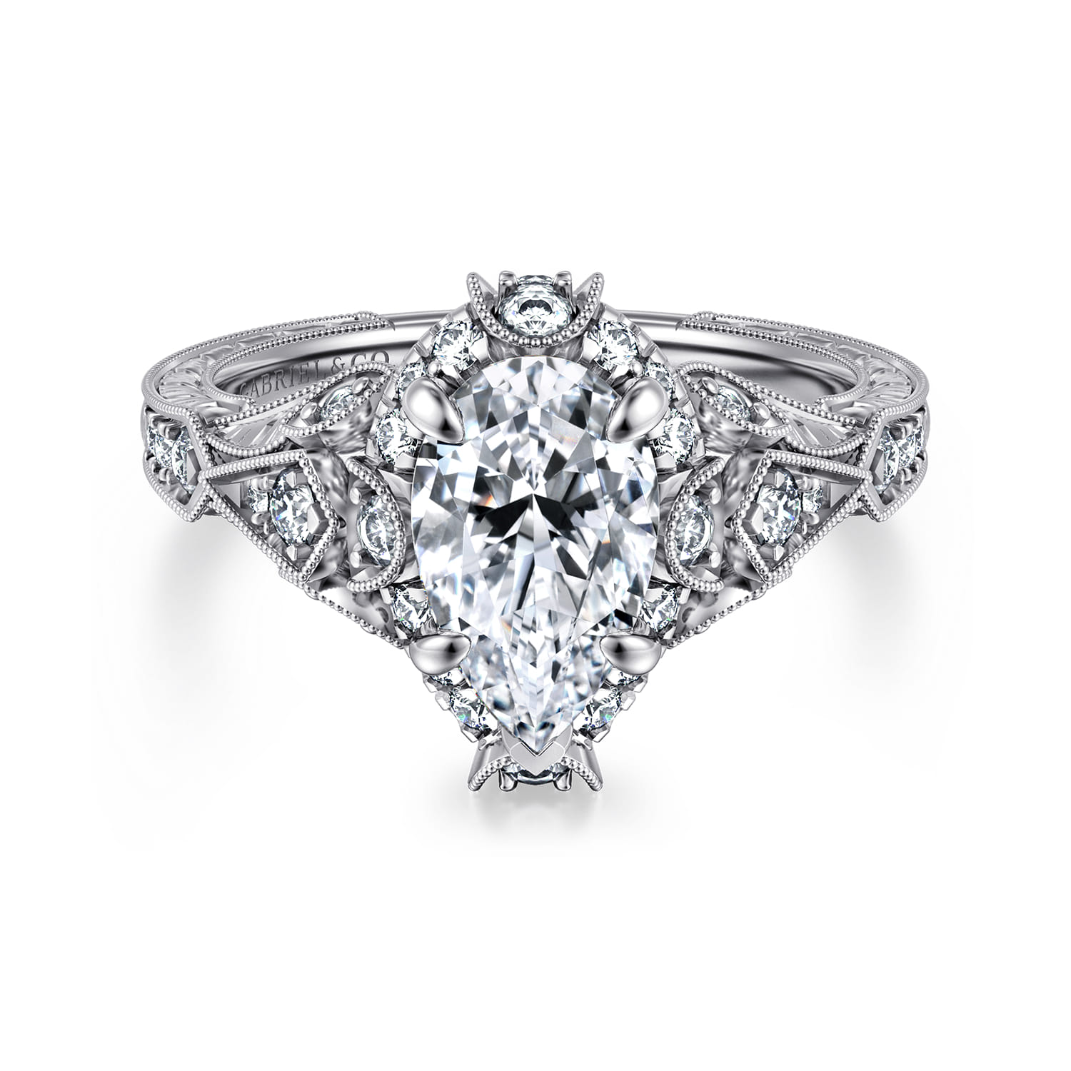 Annadale - Unique 14K White Gold Vintage Inspired Pear Shape Diamond Halo Engagement Ring - 0.4 ct - Shot 1