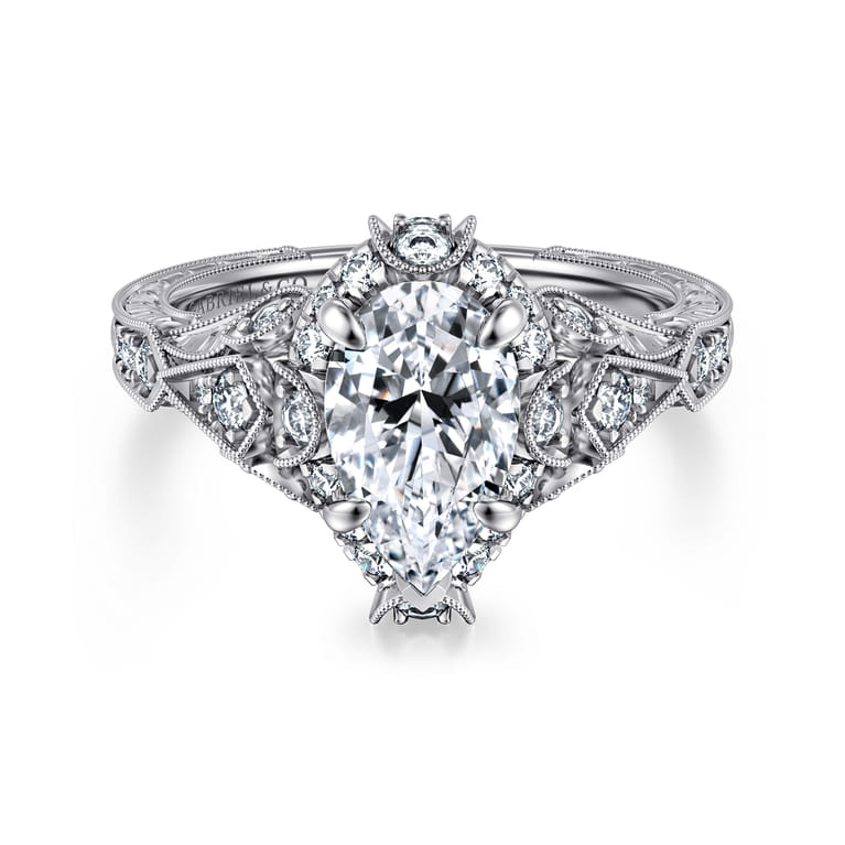 Annadale - Unique 14K White Gold Vintage Inspired Pear Shape Diamond Halo Engagement Ring - 0.4 ct - Shot 1