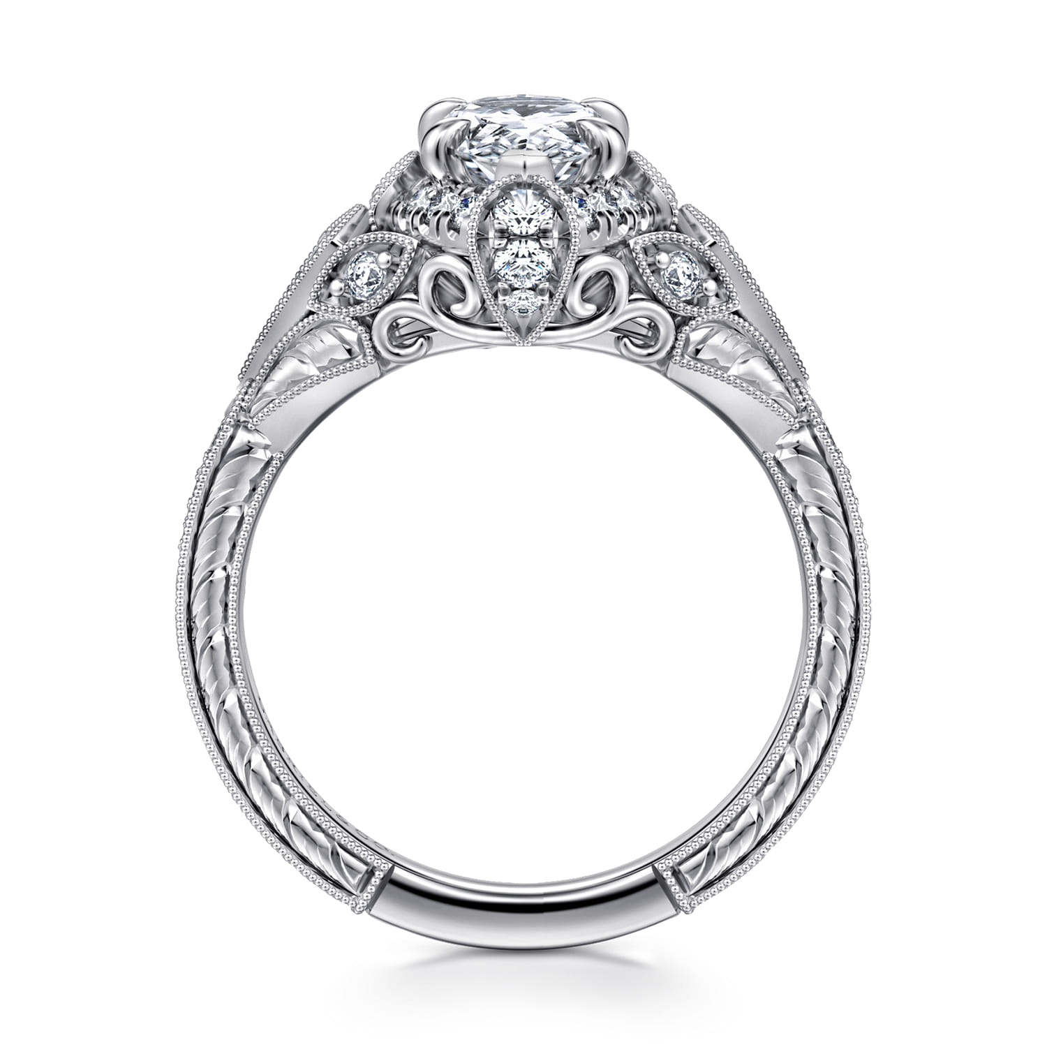Annadale - Unique 14K White Gold Vintage Inspired Pear Shape Diamond Halo Engagement Ring - 0.4 ct - Shot 2