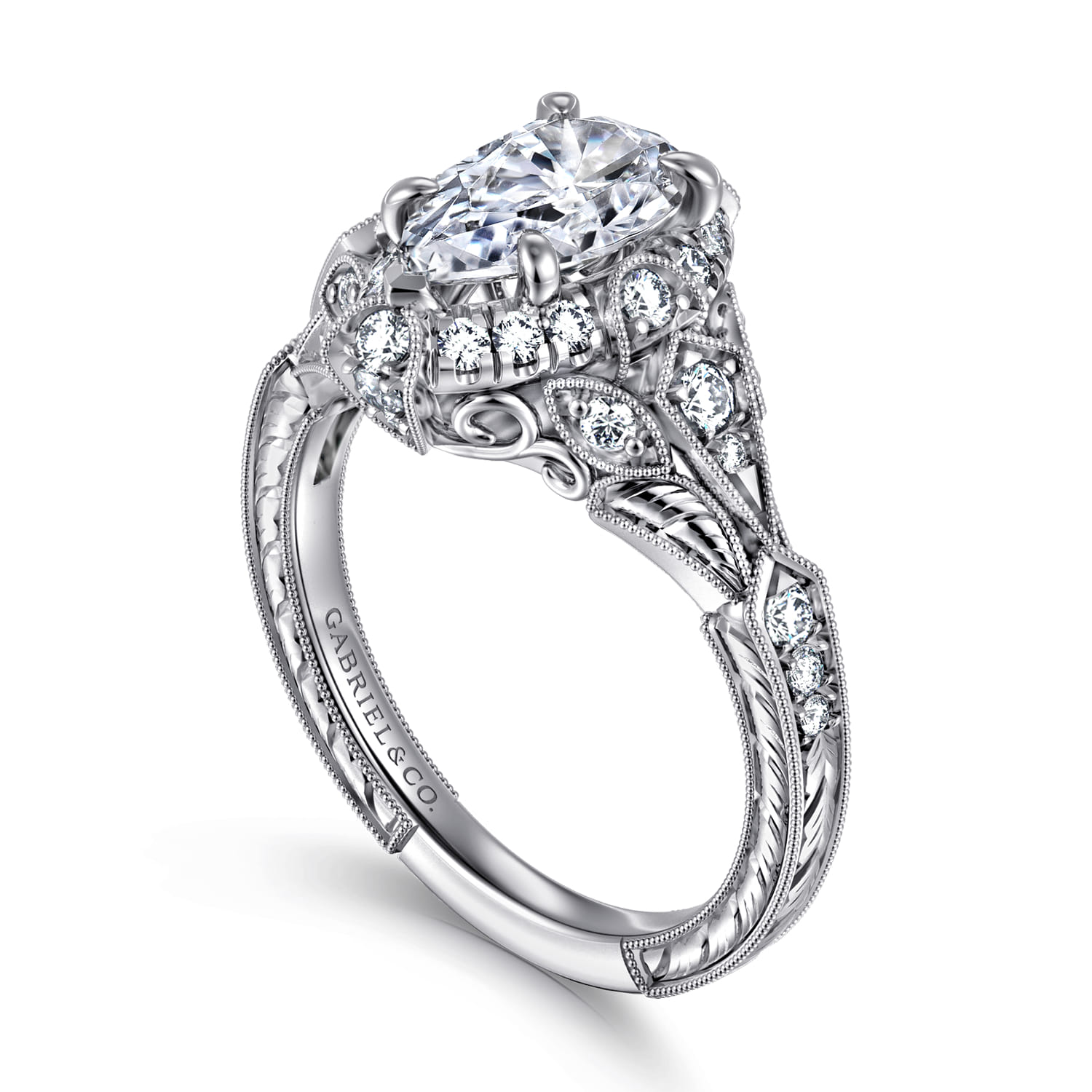 Annadale - Unique 14K White Gold Vintage Inspired Pear Shape Diamond Halo Engagement Ring - 0.4 ct - Shot 3
