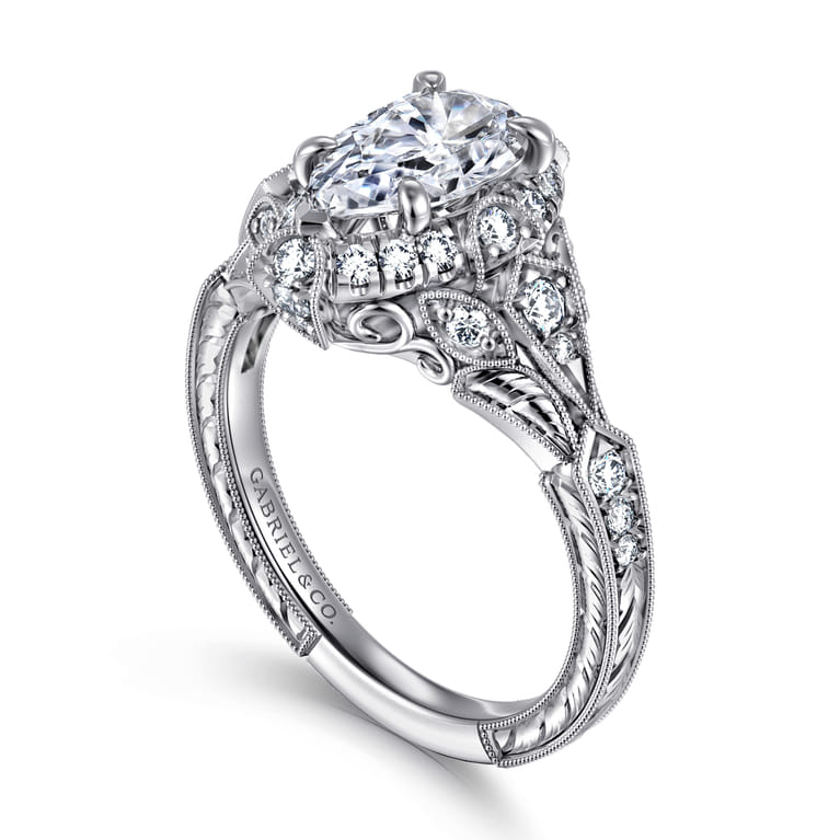 Annadale - Unique 14K White Gold Vintage Inspired Pear Shape Diamond Halo Engagement Ring - 0.4 ct - Shot 3