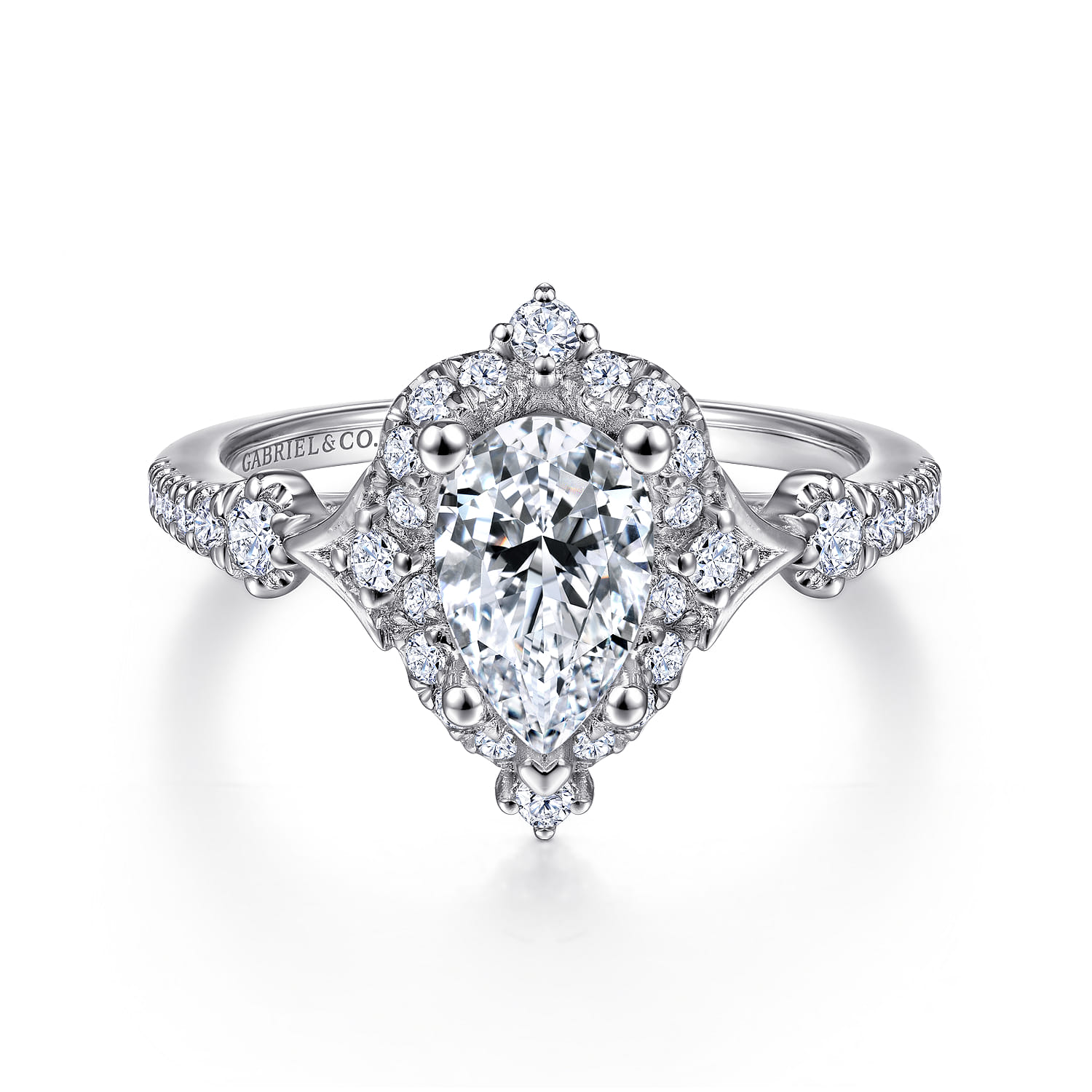 Veronique - Unique 14K White Gold Vintage Inspired Pear Shape Halo Diamond Engagement Ring - 0.38 ct - Shot 1