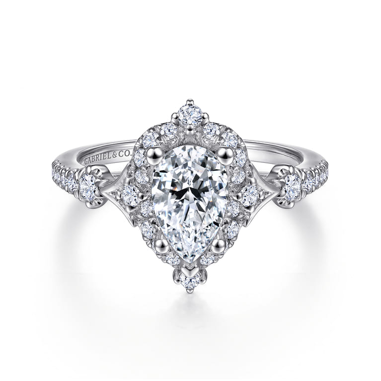 Veronique - Unique 14K White Gold Vintage Inspired Pear Shape Halo Diamond Engagement Ring - 0.38 ct - Shot 1