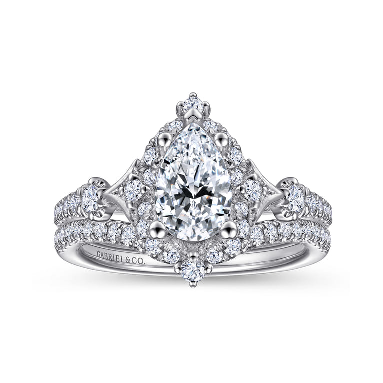 Veronique - Unique 14K White Gold Vintage Inspired Pear Shape Halo Diamond Engagement Ring - 0.38 ct - Shot 4