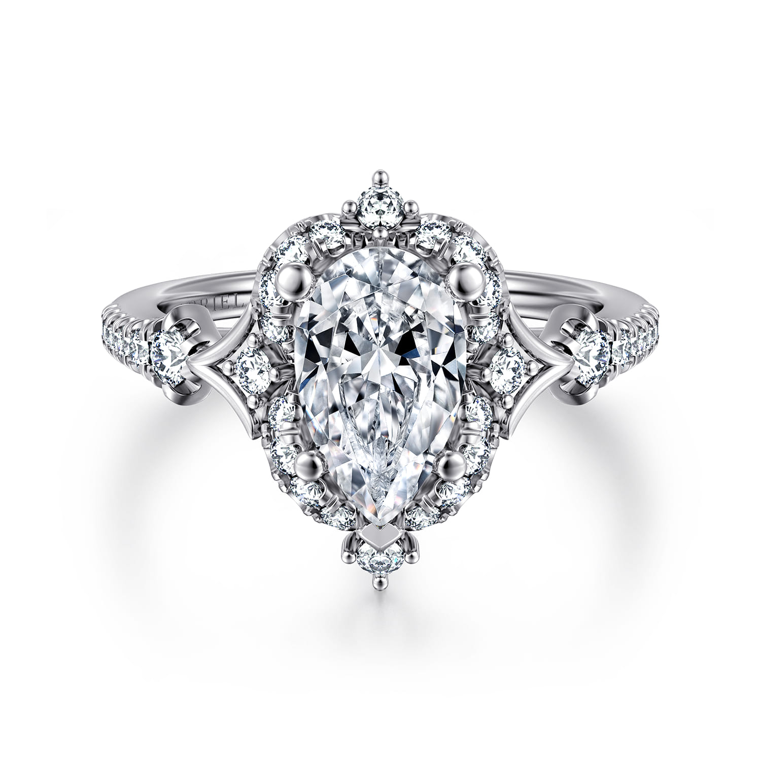 Veronique - Unique 14K White Gold Vintage Inspired Pear Shape Halo Diamond Engagement Ring - 0.4 ct - Shot 1