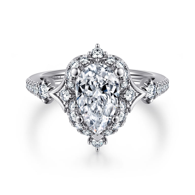 Veronique - Unique 14K White Gold Vintage Inspired Pear Shape Halo Diamond Engagement Ring - 0.4 ct - Shot 1