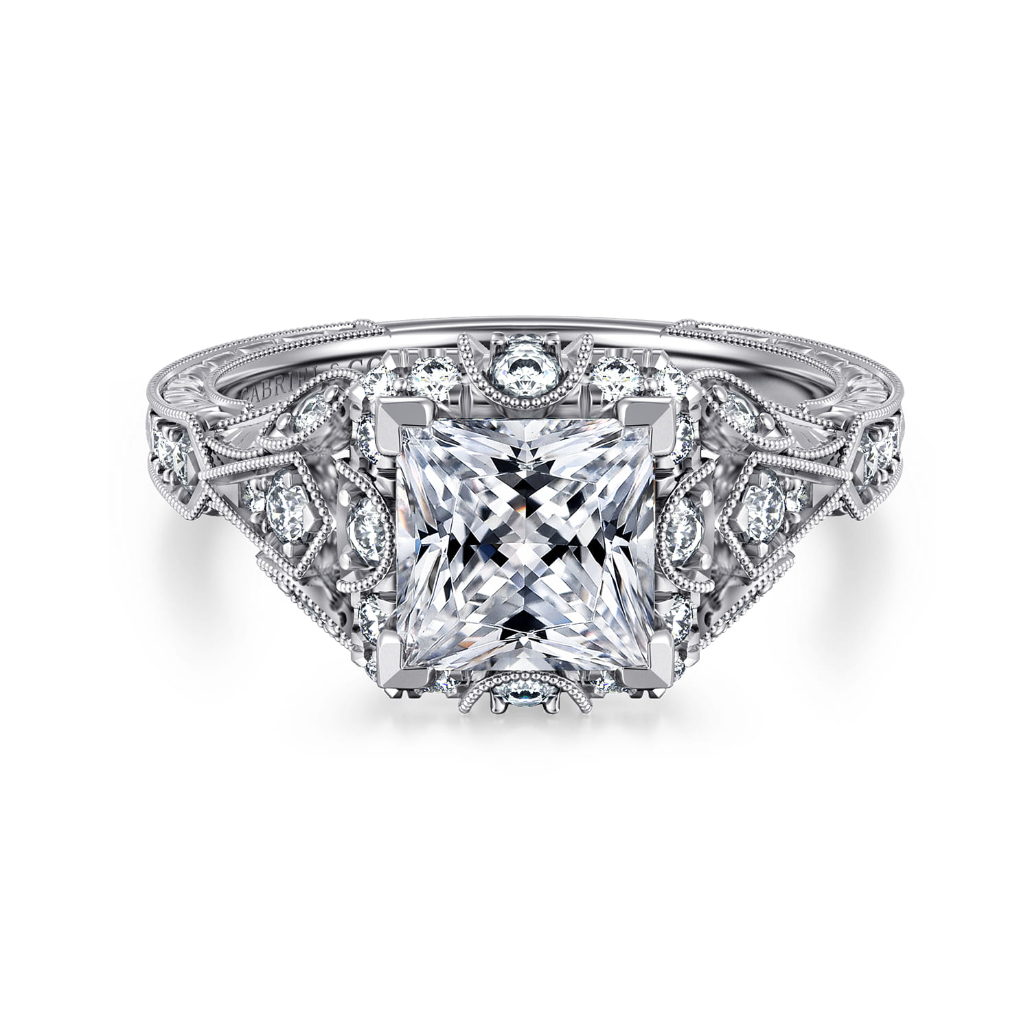 Annadale - Unique 14K White Gold Vintage Inspired Princess Halo Diamond Engagement Ring - 0.4 ct - Shot 1