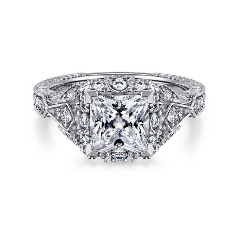 Annadale - Unique 14K White Gold Vintage Inspired Princess Halo Diamond Engagement Ring - 0.4 ct - Shot 1