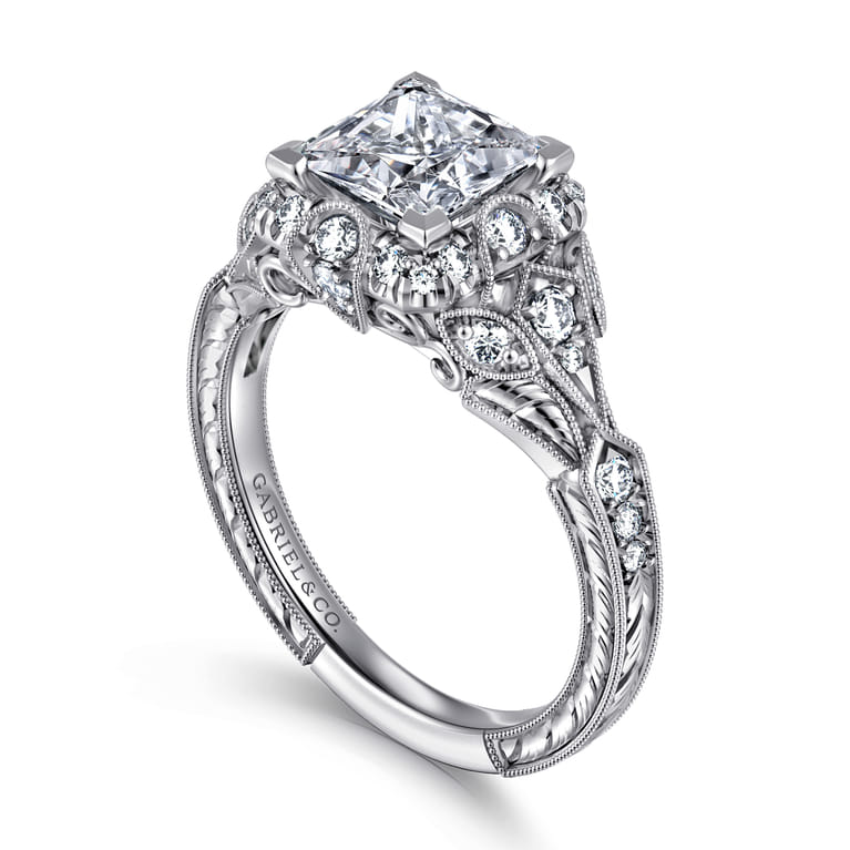 Annadale - Unique 14K White Gold Vintage Inspired Princess Halo Diamond Engagement Ring - 0.4 ct - Shot 3