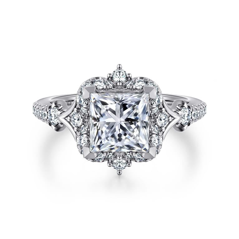 Veronique - Unique 14K White Gold Vintage Inspired Princess Halo Diamond Engagement Ring - 0.4 ct - Shot 1