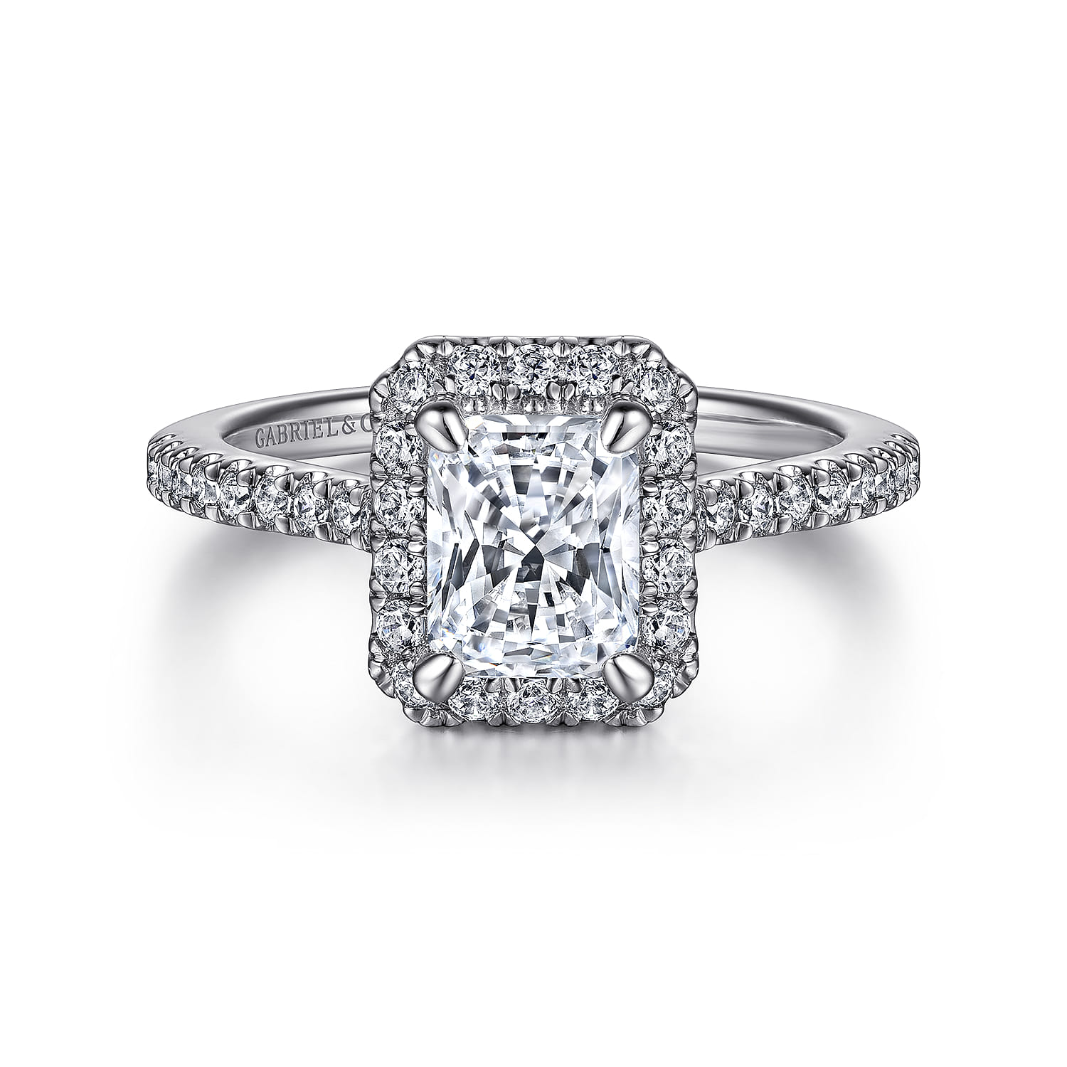 Idina - 14K White Gold Halo Rectangular Radiant Cut Diamond Engagement Ring - 0.34 ct - Shot 1