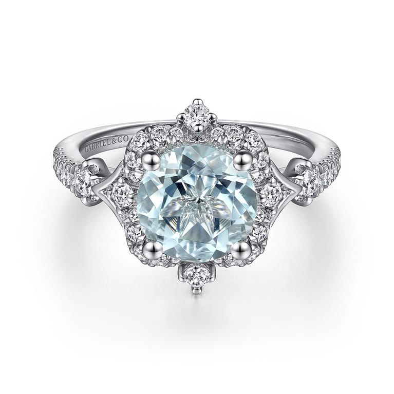 Emersyn - Vintage Inspired 14K White Gold Aquamarine and Diamond Halo Engagement Ring - 0.38 ct - Shot 1