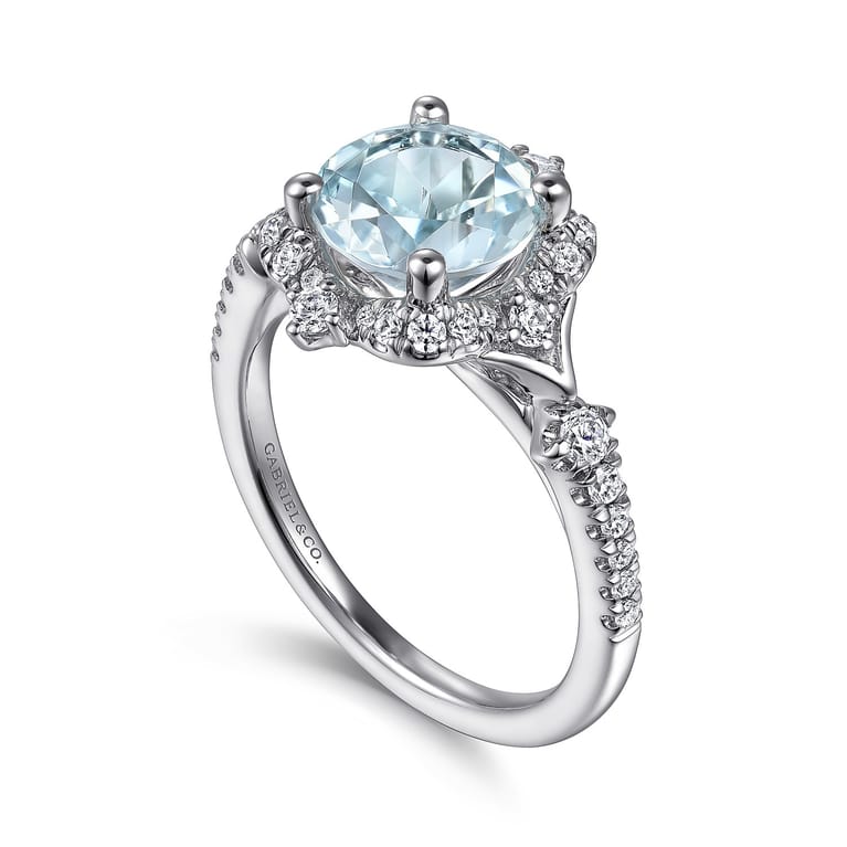 Emersyn - Vintage Inspired 14K White Gold Aquamarine and Diamond Halo Engagement Ring - 0.38 ct - Shot 3