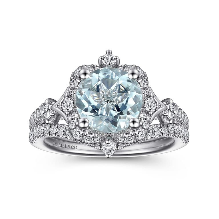 Emersyn - Vintage Inspired 14K White Gold Aquamarine and Diamond Halo Engagement Ring - 0.38 ct - Shot 4