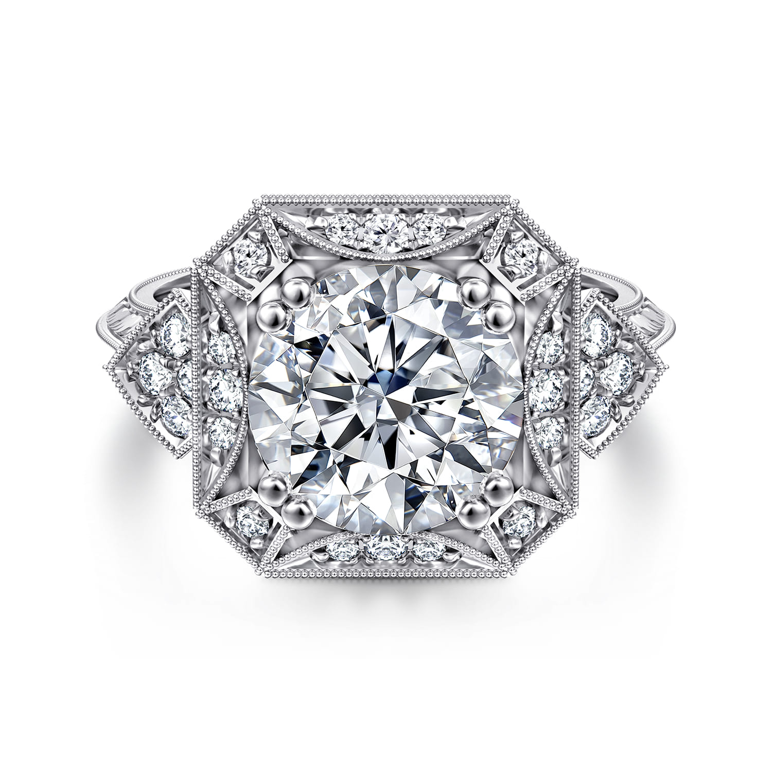 Vintage Inspired 14K White Gold Round Halo Diamond Engagement Ring - 0.25 ct - Shot 1