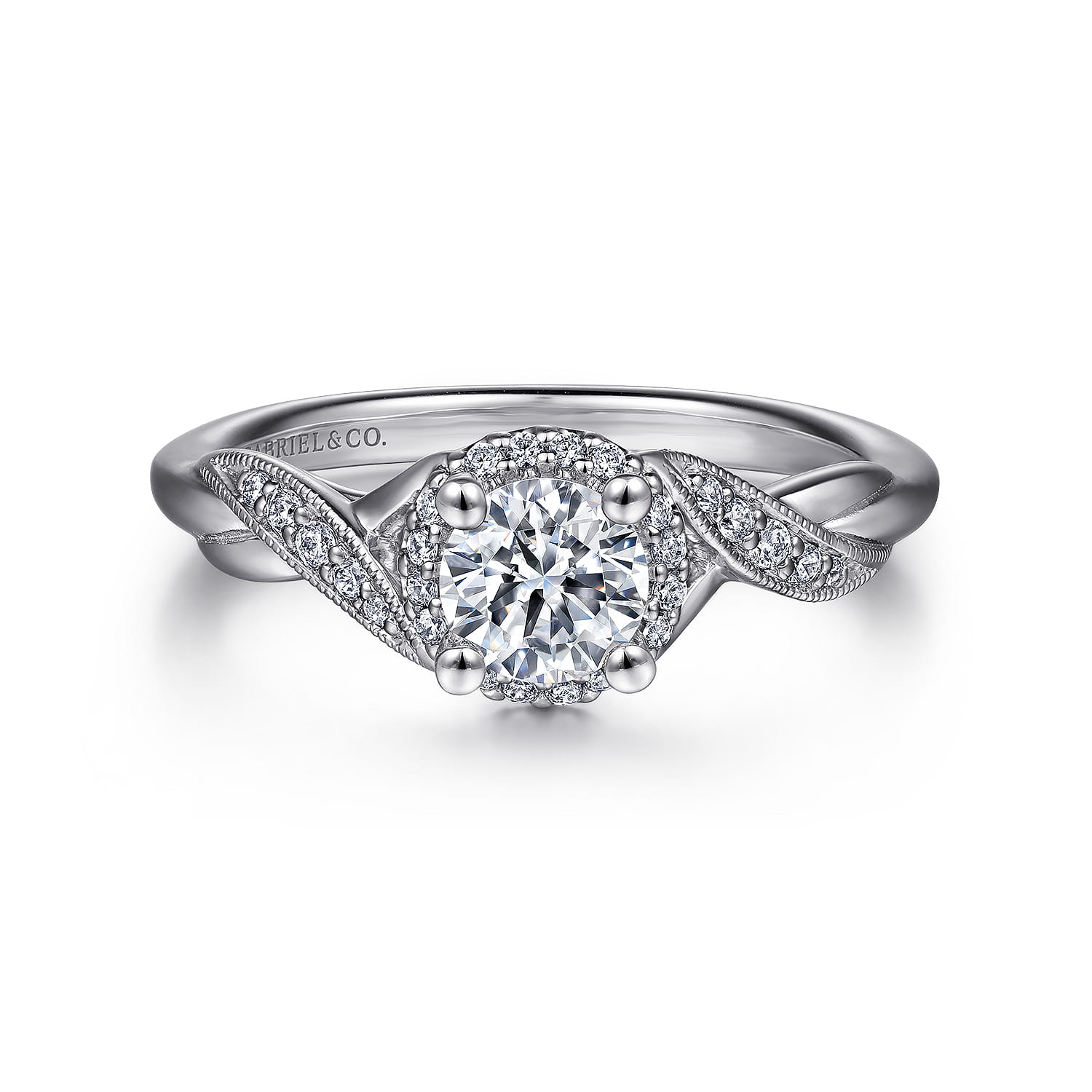Shae - Vintage Inspired 14K White Gold Round Halo Diamond Engagement Ring - 0.12 ct - Shot 1