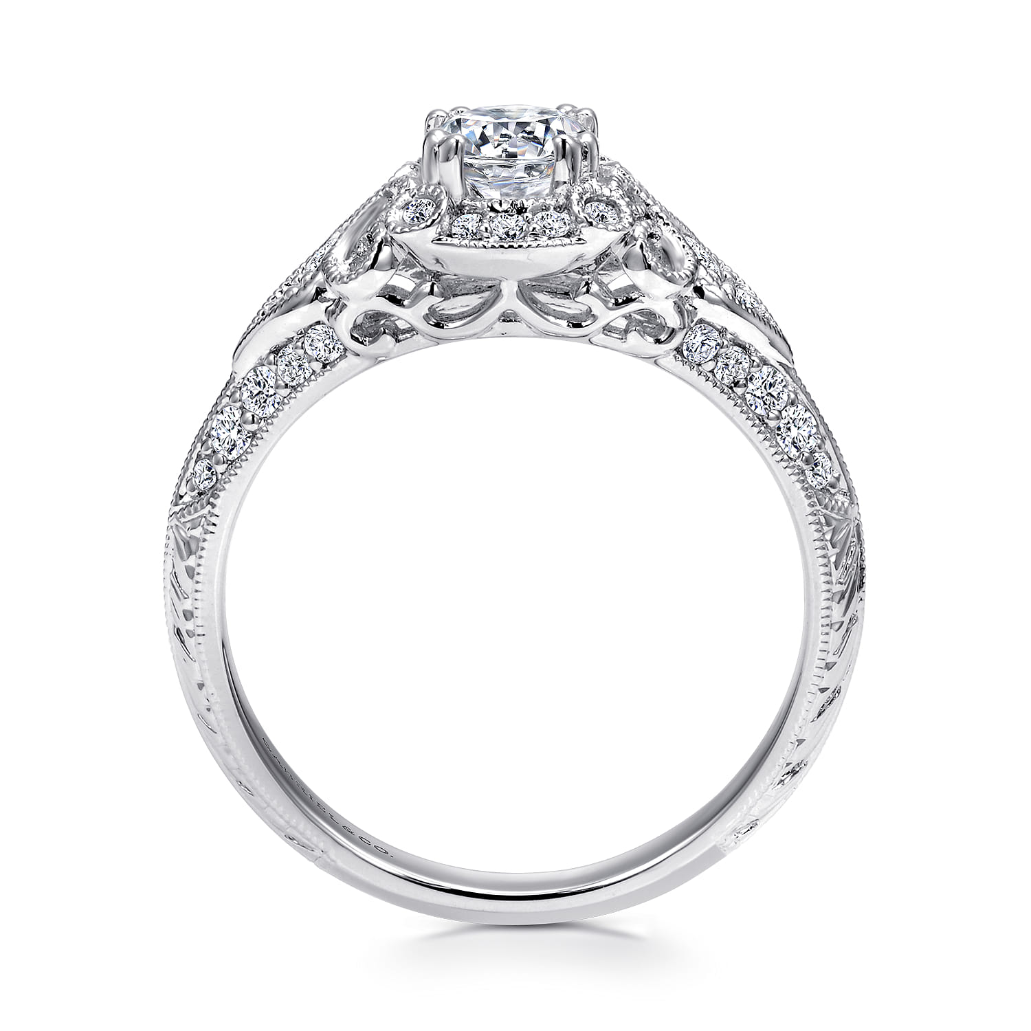 Abel - Unique 14K White Gold Vintage Inspired Diamond Halo Engagement Ring - 0.3 ct - Shot 2