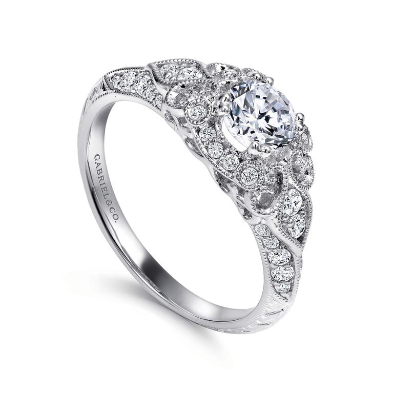 Abel - Unique 14K White Gold Vintage Inspired Diamond Halo Engagement Ring - 0.3 ct - Shot 3