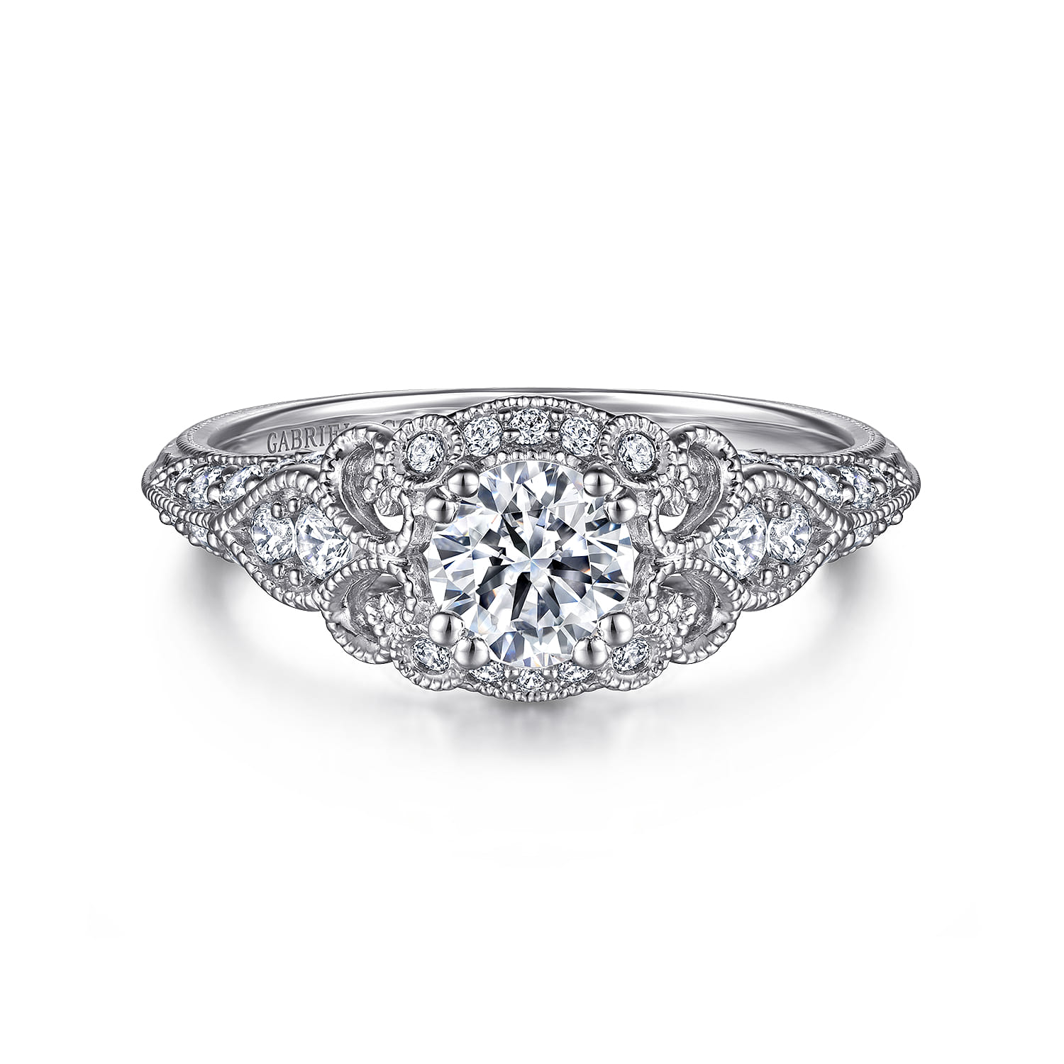 Abel - Unique 14K White Gold Vintage Inspired Diamond Halo Engagement Ring - 0.3 ct - Shot 1