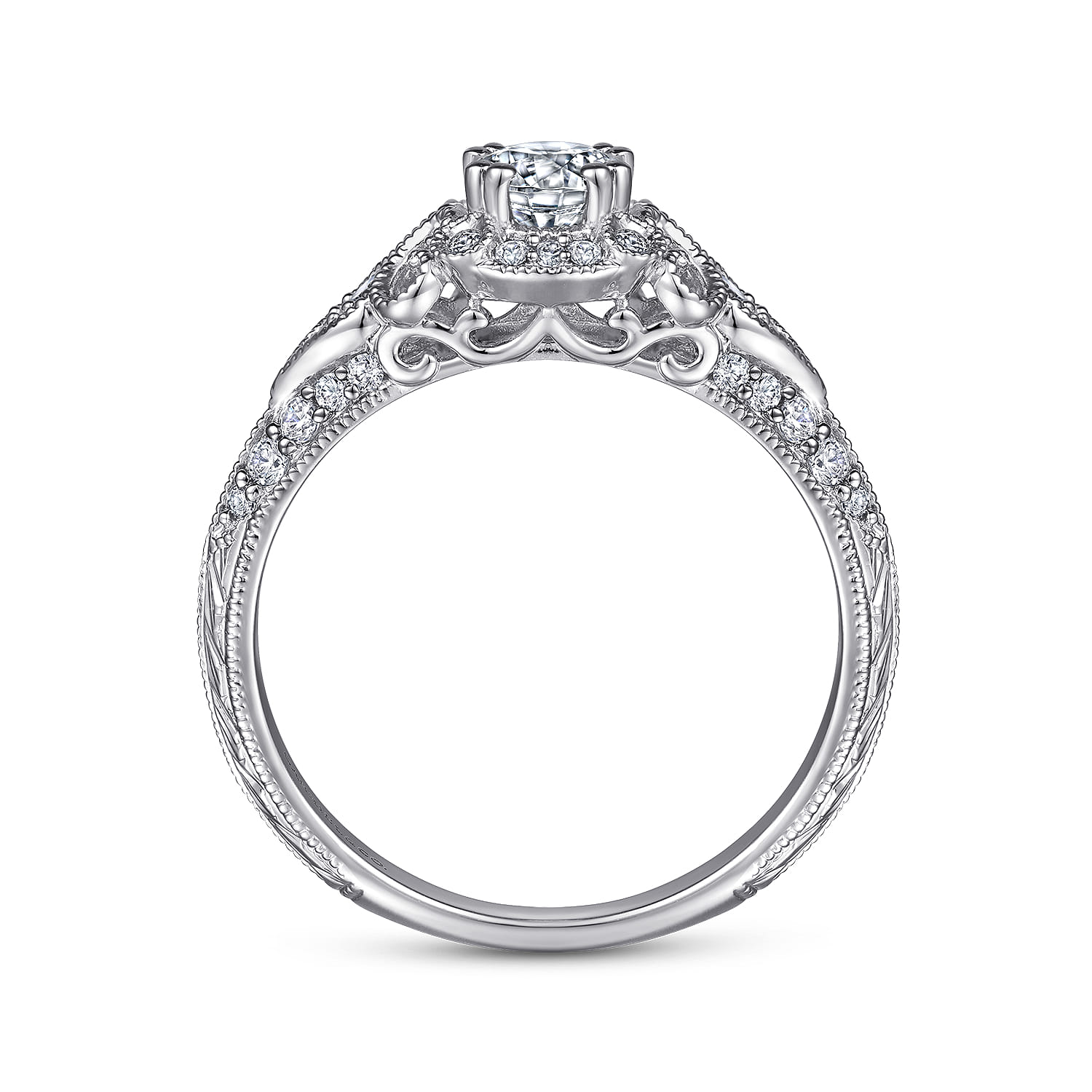 Abel - Unique 14K White Gold Vintage Inspired Diamond Halo Engagement Ring - 0.3 ct - Shot 2